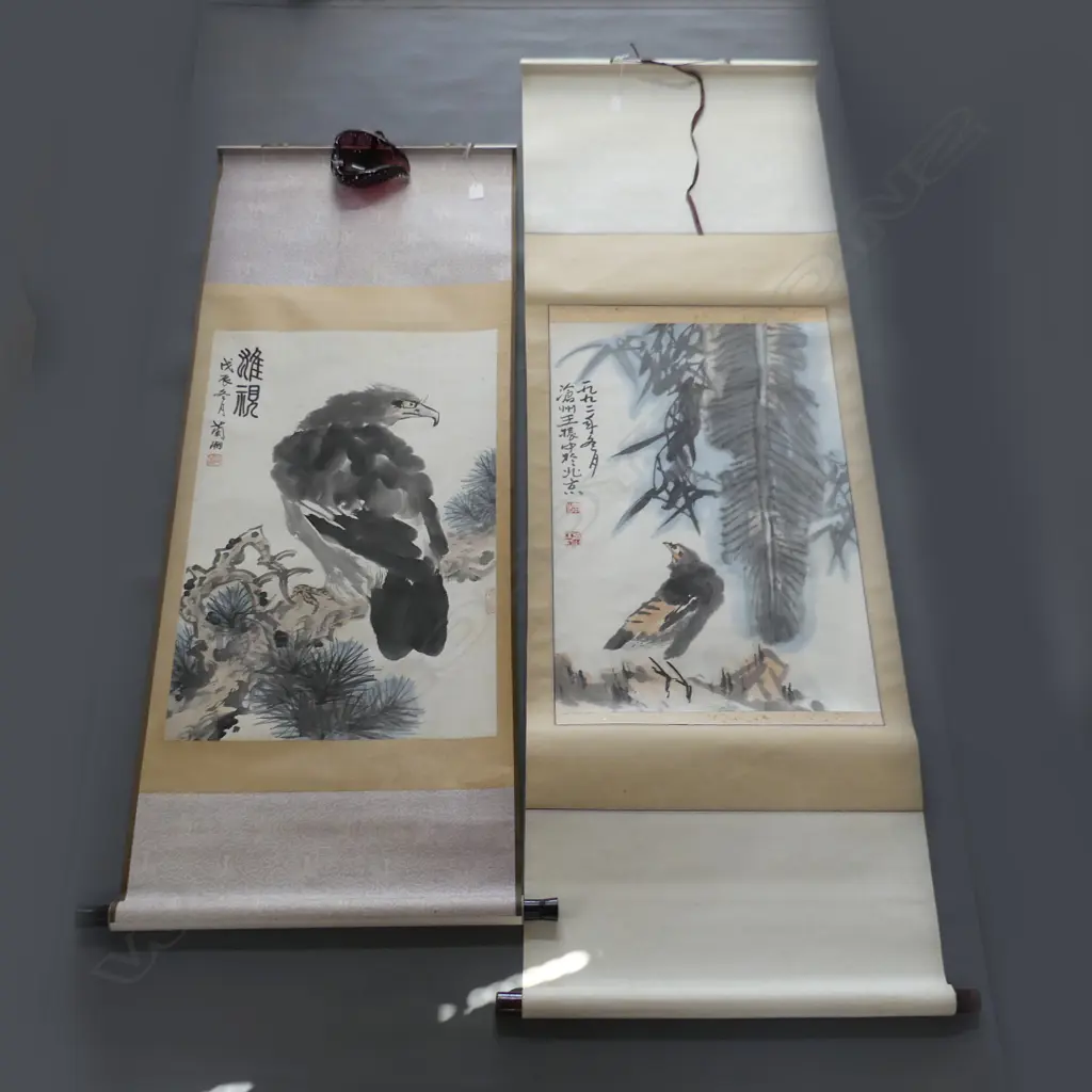 2 CHINESE HAND PAINTED SCROLLS; EAGLE 680x450mm & BABY BIRD Image 1++