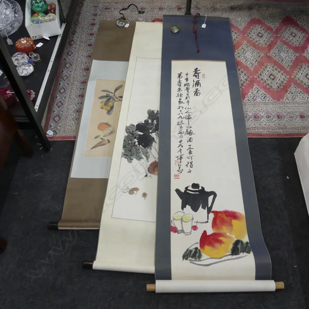 3 HAND PAINTED CHINESE SCROLLS; VEGETABLES Image 1++