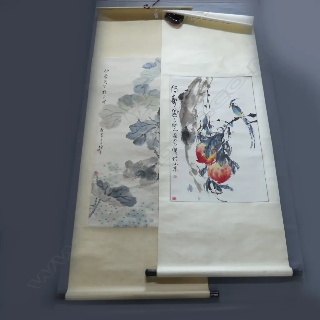 2 LGE CHINESE HAND PAINTED SCROLLS; DUCKS 1130x510mm (image size) + BIRD & LEAVES Image 1++