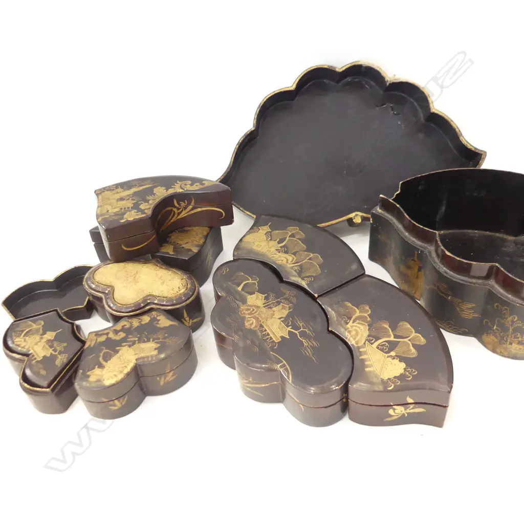 VINTAGE MOTH SHAPED ORIENTAL JEWELLERY BOX - INSIDE HAS SEVERL COMPARMENT BOXES  L 300MM - SOME DAMAGE TO OUTSIDE  Image 1++