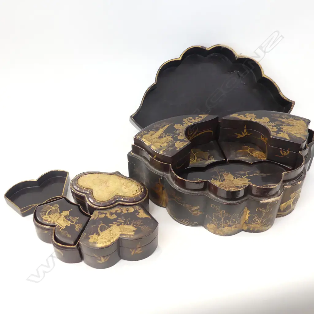VINTAGE MOTH SHAPED ORIENTAL JEWELLERY BOX - INSIDE HAS SEVERL COMPARMENT BOXES  L 300MM - SOME DAMAGE TO OUTSIDE  Image 1++