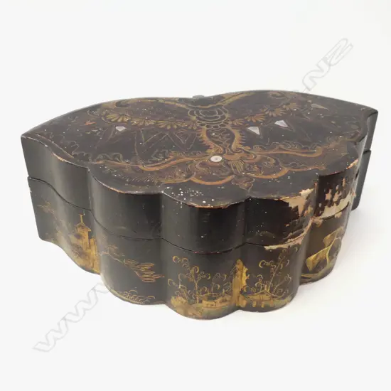 VINTAGE MOTH SHAPED ORIENTAL JEWELLERY BOX - INSIDE HAS SEVERL COMPARMENT BOXES  L 300MM - SOME DAMAGE TO OUTSIDE 