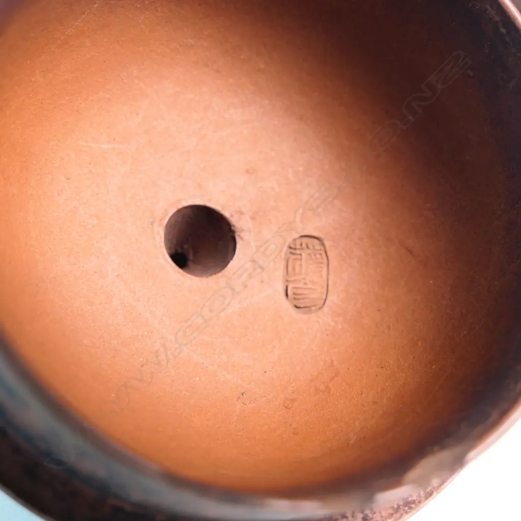 CHINESE YIXING SQUAT SPHERICAL TEAPOT, MARKED TO THE BASE AND COVER 蔣彥 (JIANG YAN), CRAFTSMAN. SMALL FRITS. W.160mm Image 1++