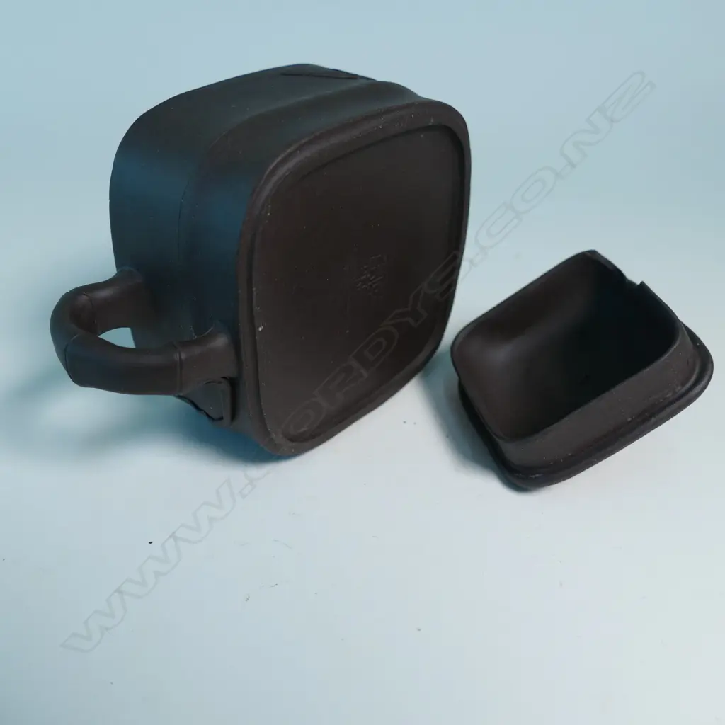 SMALL YIXING TEAPOT, SQUARE SECTION, BAMBOO HANDLE & SPOUT, INDISTINCTLY MARKED. COVER CHIPPED INSIDE. W.125mm... Image 1++