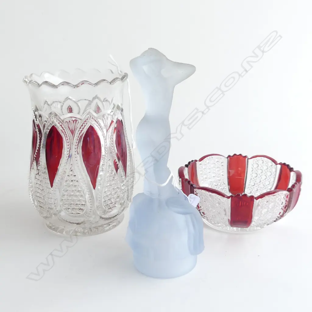 BLUE GLASS ART DECO NUDE LADY  FLOWER FROG CENTRE (H180MM)+ 2 BOHEMIAN CRANBERRY CRYSTAL PCS VASE (H145MM) & BOWL Image 1++