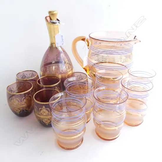 2 VINTAGE GLASS SETS; DECANTER & 5 GLASSES + JUG & 6 GLASSES