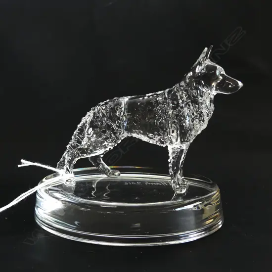 GLASS STATUETTE; GERMAN SHEPHERD &  SIGNED & DATED 'NEIL HARRIS 2016/17'