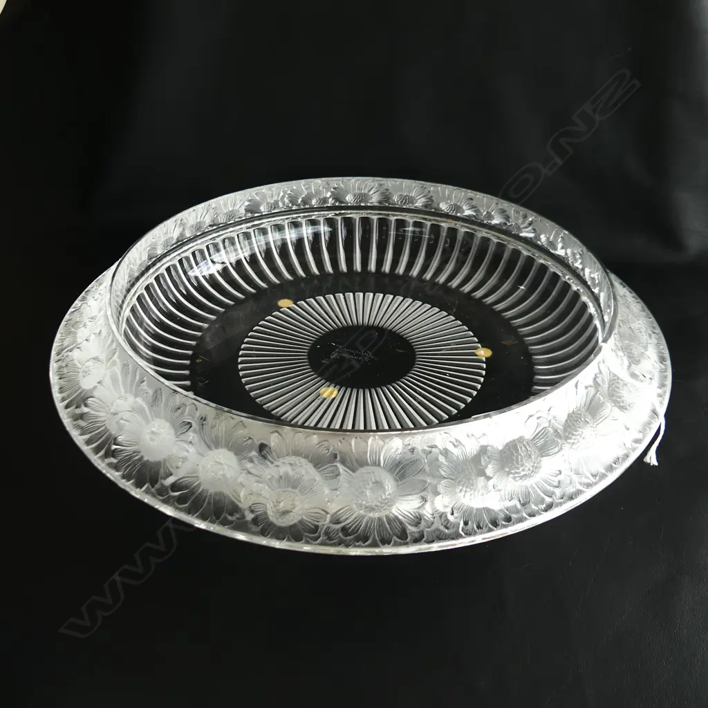 LALIQUE CHRYSANTHEMUM BOWL frosted relief decorated rim. Engraved marks. Dia.330mm Image 1++