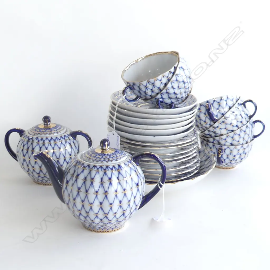 USSR LOMONOSOV PORCELAIN TEA SET 'COBALT NET' PATTERN; SM TEAPOT, 6 FULL SIZE TRIOS, CAKE PLATE & SUGAR BOWL EX.COND Image 1++