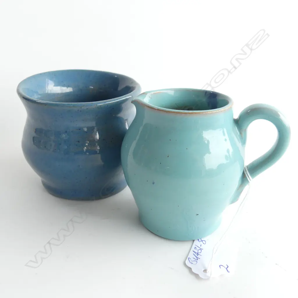2 ELIZABETH MATHESON PAKA POTTERY PIECES. VASE & JUG BLUE  Image 1++