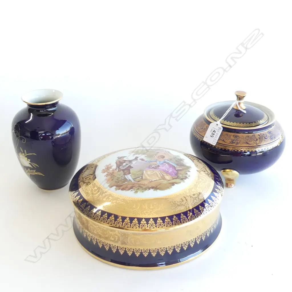 LIMOGES LIDDED CONTAINER 215mm dia + 2 PCES GERMAN ROYAL PORZELLAN COBALT Image 1++