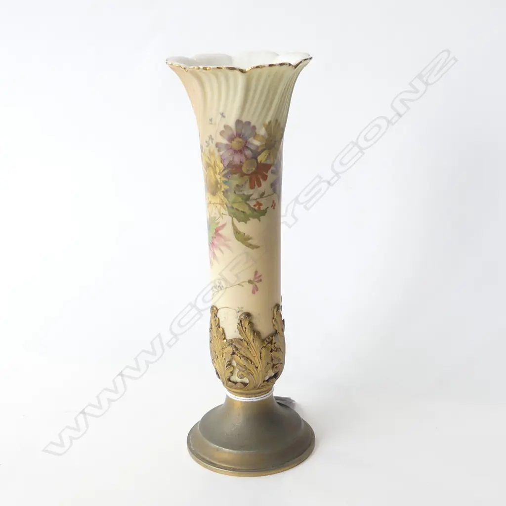 ROYAL WORCESTER PORCELAIN HAND PAINTED VASE WITH GOLD GILDED METAL BASE H. 210MM VERY TINY RIM FRIT Image 1++