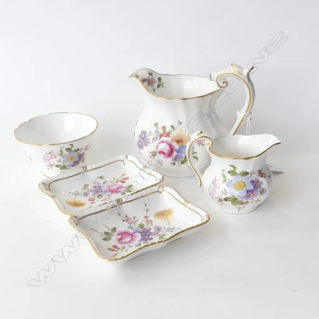 5 PCS ROYAL CROWN DERBY, DERBY POSIES, 2 DISHES (L 100MM) 2 JUGS (H 100 & 65MM) _ SUGAR BOWL - 4 PCS RED MARK Image 1++