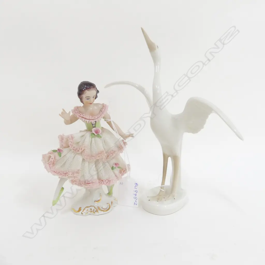 GERMAN DRESDEN PORCELAIN LACE BALLERINA H. 160MM & ROYAL DUX CRANE BIRD H. 190MM Image 1++