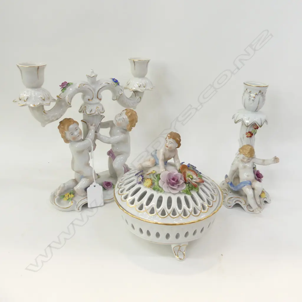 3 PCES GERMAN VON SCHIERHOLZ PORCELAIN; DOUBLE & SINGLE CANDLESTICKS, PIERCED LIDDED CONTAINER 145mm dia Image 1++