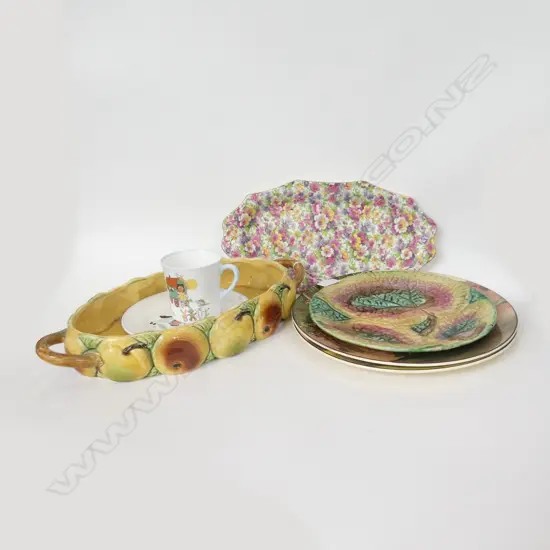 7 PCS COLLECTABLE CHINA; 2 RD PLATES, 2 SHELLEY NURSERY WARE, MAJOLICA (chipped) & DEVON