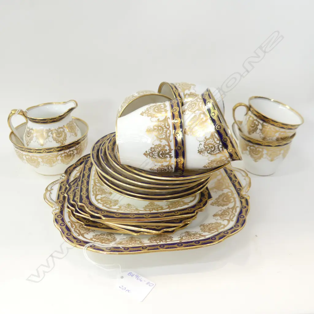 AYNSLEY 19 PC TEASET; GOLD & COBALT; CAKE PLATE, JUG & SUGAR BOWL, 4 TRIOS, 1 CUP Image 1++