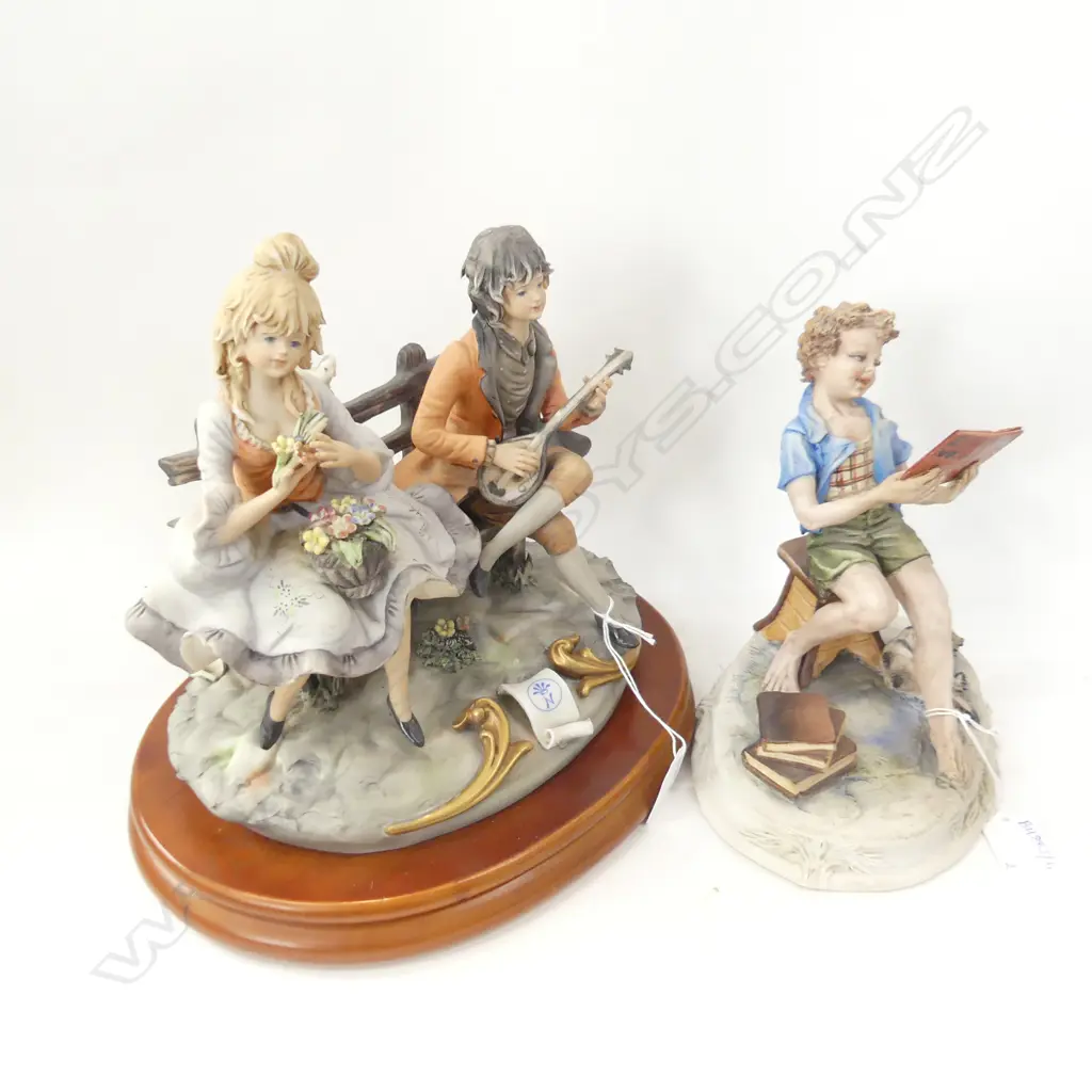 2 CAPODIMONTE; YOUNG COUPLE ON BENCH (LUTE REPAIRED) W.260mm + BOY READING Image 1++