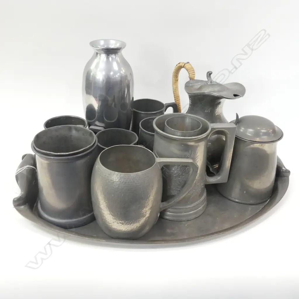 OVAL PEWTER TRAY + 12 ASST. TANKARDS ETC Image 1++