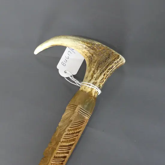 CARVED WOODEN WALKING STICK w. ANTLER HANDLE H.890mm