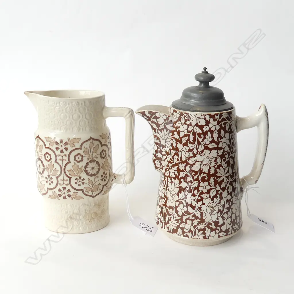 PARIAN JUG W BROWN & WHITE FLORAL DESIGN C1878 (H165MM) A/F & PEWTER LIDDED BROWN & WHITE FLORAL JUG (H200MM) Image 1++