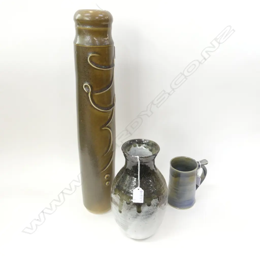 3 PCES STUDIO POTTERY; MUG, VASE, TALL VASE H.550mm repaired Image 1++