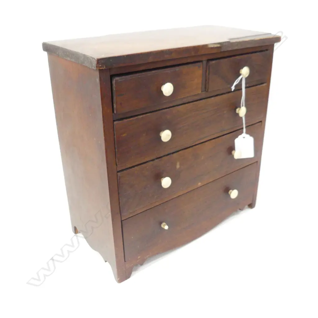 VICTORIAN ROSEWOOD APPRENTICE CHEST 5 drawer bone handles some faults 270 x 135 x 270mm. Image 1++