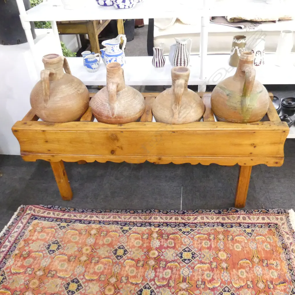 SET 4 ANTIQUE TERRACOTTA POTS IN PINE STAND. L.1360mm ** RTV Image 1++