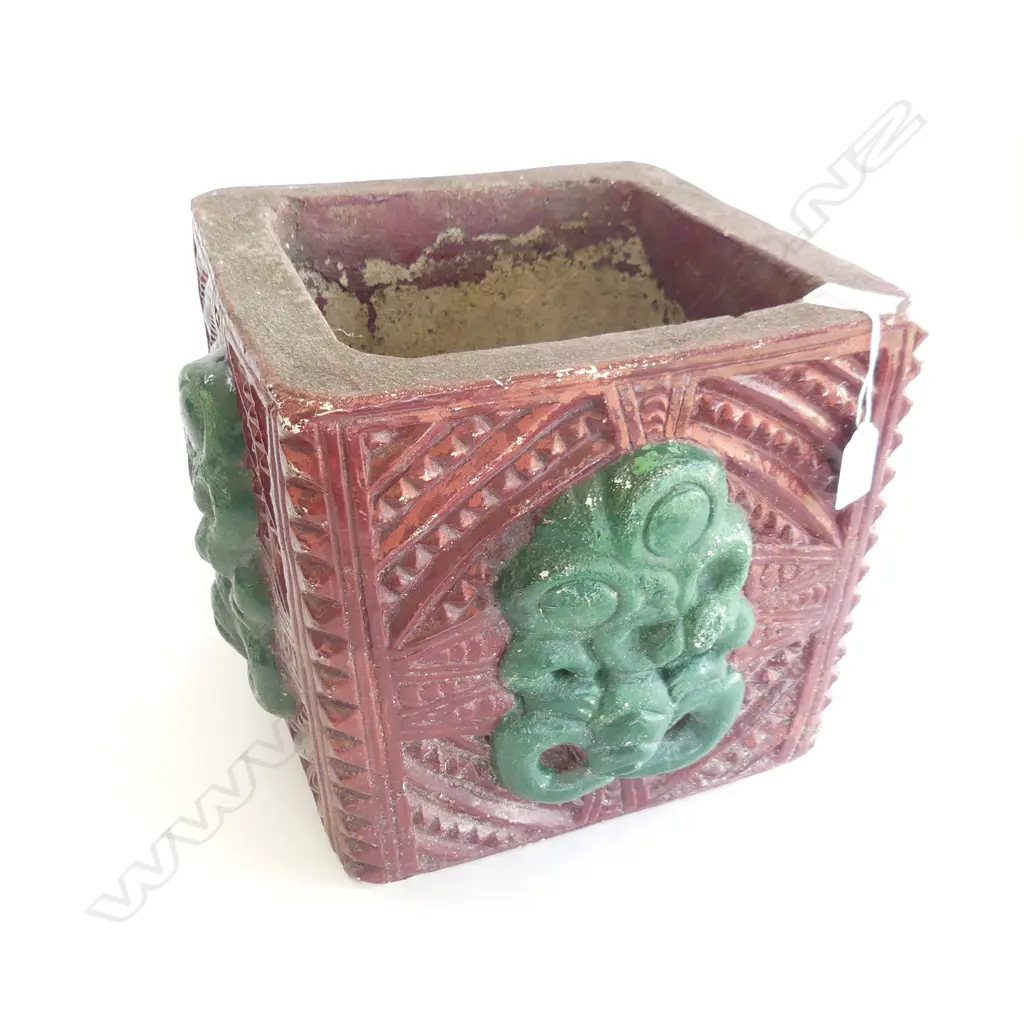 CAST CONCRETE MĀORI DECORATED GARDEN PLANTER 310 X 310mm SQUARE Image 1++