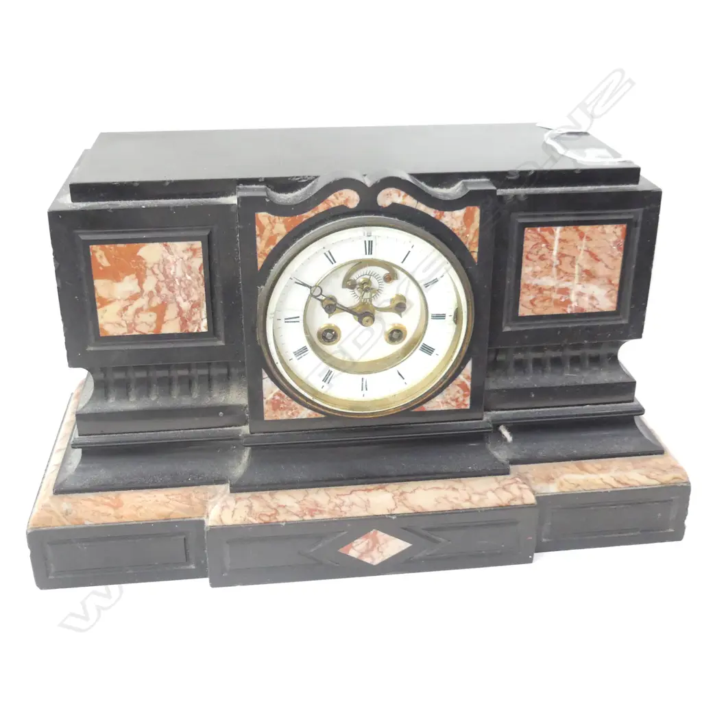 VINTAGE DECO SLATE & PINK MARLBLE MANTLE CLOCK WITH KEY L 395MM Image 1++