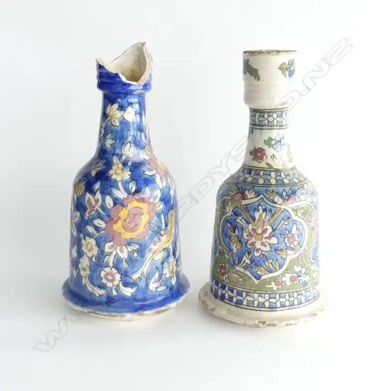 2 OLD IRANIAN POTTERY BELLS SHAPED VASES OR BOTTLES  BOTH A/F H. 265MM