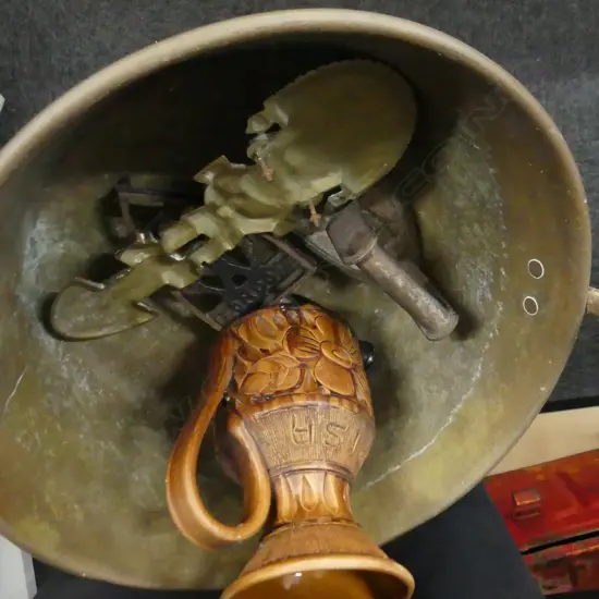 BRASS JAM PAN 370mm dia + JUG, PERU BRASS PLAQUE, ANTIQUE IRON & STAND