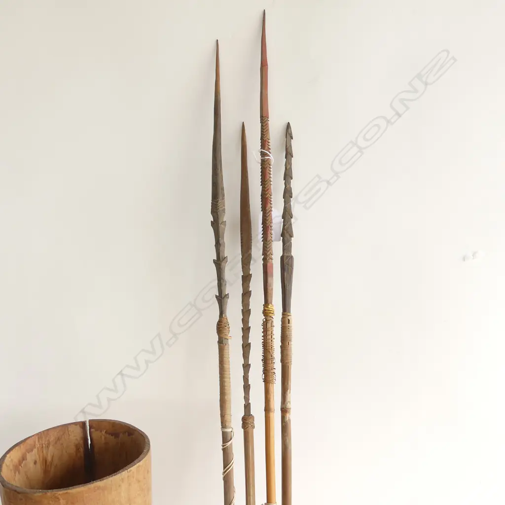 SOLOMON ISLANDS DRUM & 4 SPEARS + other hafted spear. some faults Image 1++