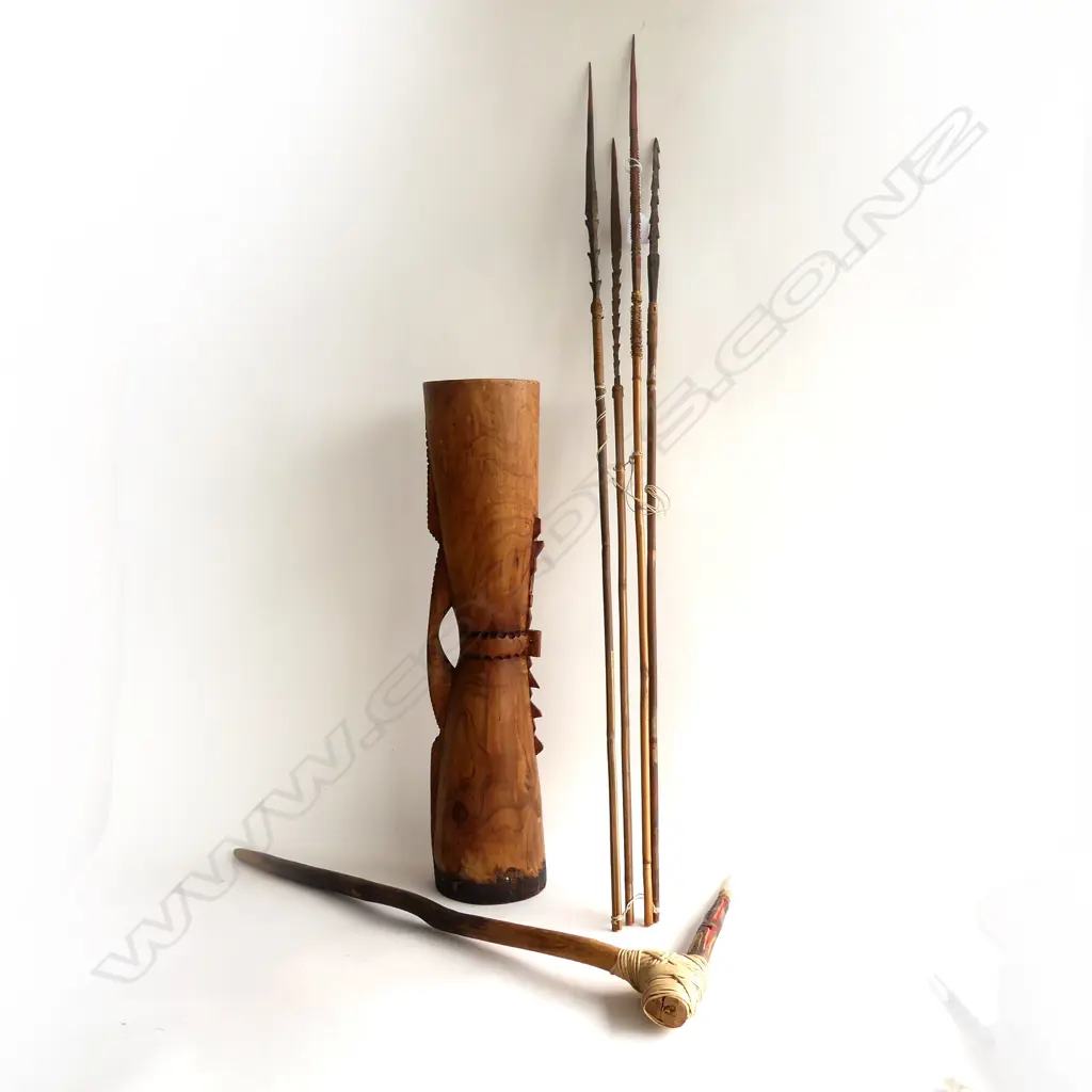 SOLOMON ISLANDS DRUM & 4 SPEARS + other hafted spear. some faults Image 1++