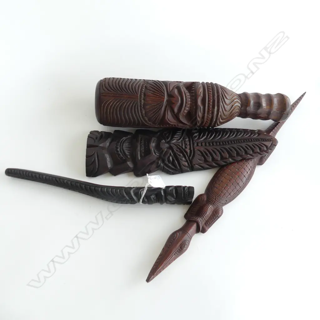 4 CARVED WOODEN TRIBAL PCES; TROBRIAND ISLAND CROCODILE L.470mm, 3 TIKI CARVINGS; 1 CLUB FORM H.335mm Image 1++