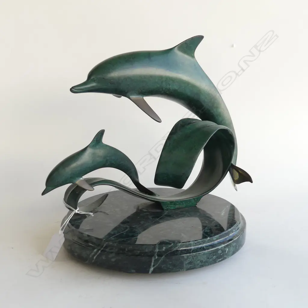 BRONZED METAL & GREEN MARBLE ROTATING DOLPHIN SCULPTURE H.250mm Image 1++