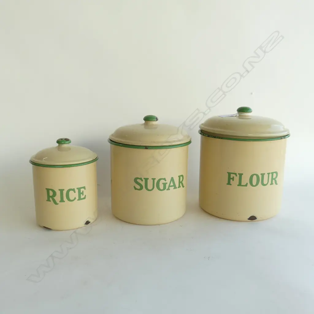 3 VINTAGE GRADUATED LIDDED ENAMEL CONTAINERS; RICE, SUGAR & FLOWER H.220mm Image 1++