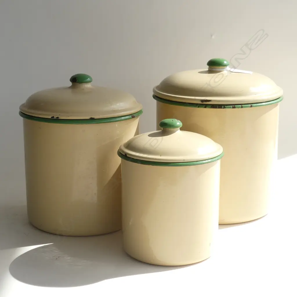 3 VINTAGE GRADUATED LIDDED ENAMEL CONTAINERS; RICE, SUGAR & FLOWER H.220mm Image 1++
