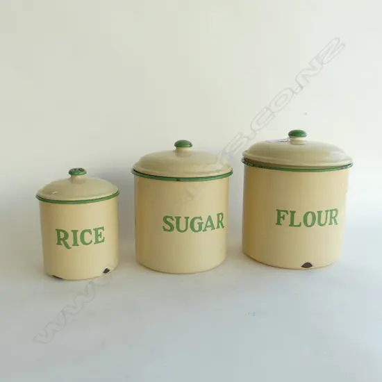 3 VINTAGE GRADUATED LIDDED ENAMEL CONTAINERS; RICE, SUGAR & FLOWER H.220mm