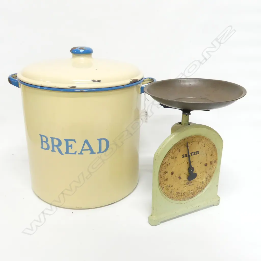 LARGE VINTAGE LIDDED ENAMEL CONTAINER 'BREAD' BIN H.380mm + SALTER SCALE Image 1++