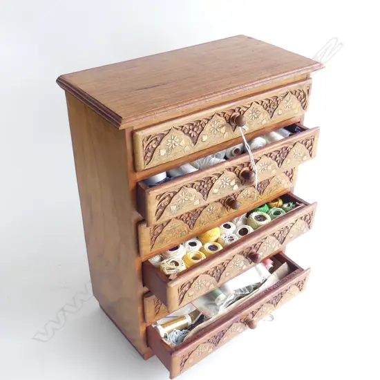 6 DRAWER INLAID CHEST w. ASST. SEWING REELS 330x170x415mm