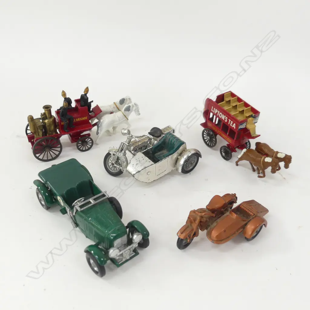 5 VINTAGE LESNEY DIE CAST TOYS INCL HARLEY DAVIDSON SIDE CAR ETC.. Image 1++