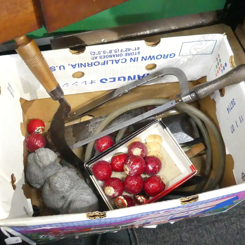 BOX LOT VINTAGE TOOLS, CONCRETE 3 MONKEYS, GOLF BALLS Image 1++