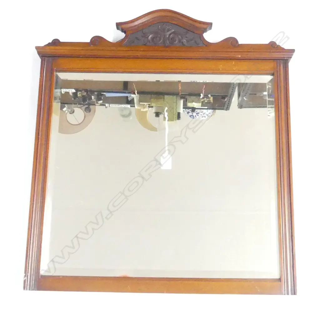 EDWARDIAN BEVELLED MIRROR w. CARVED WOODEN FRAME 700x655mm Image 1++