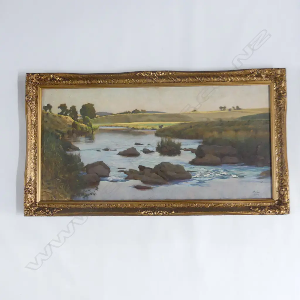 ANTIQUE LANDSCAPE OIL ON CANVAS SIGNED 'A.C. 1904' 290x600mm Image 1++
