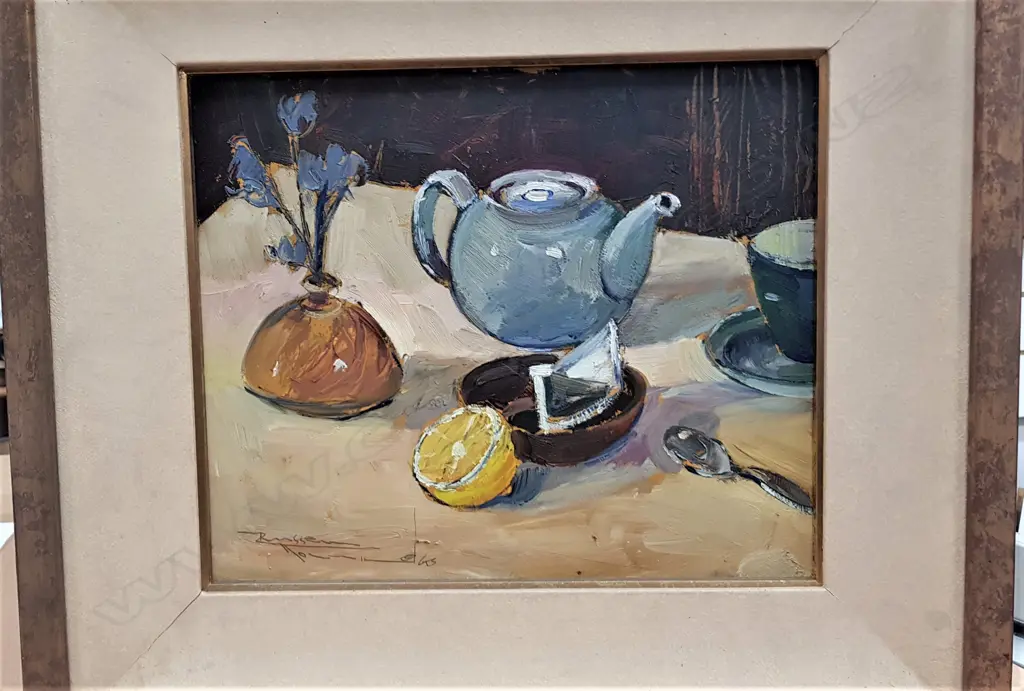 RUSSELL HOLLINGS 'LEMON TEA' oil. signed 350 x 300mm. Image 1++