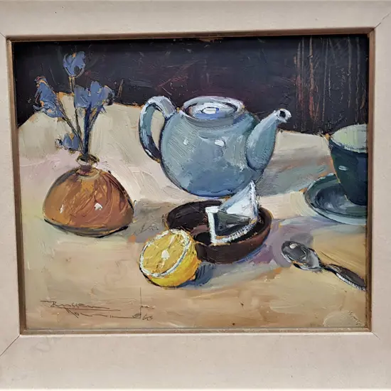 RUSSELL HOLLINGS 'LEMON TEA' oil. signed 350 x 300mm.