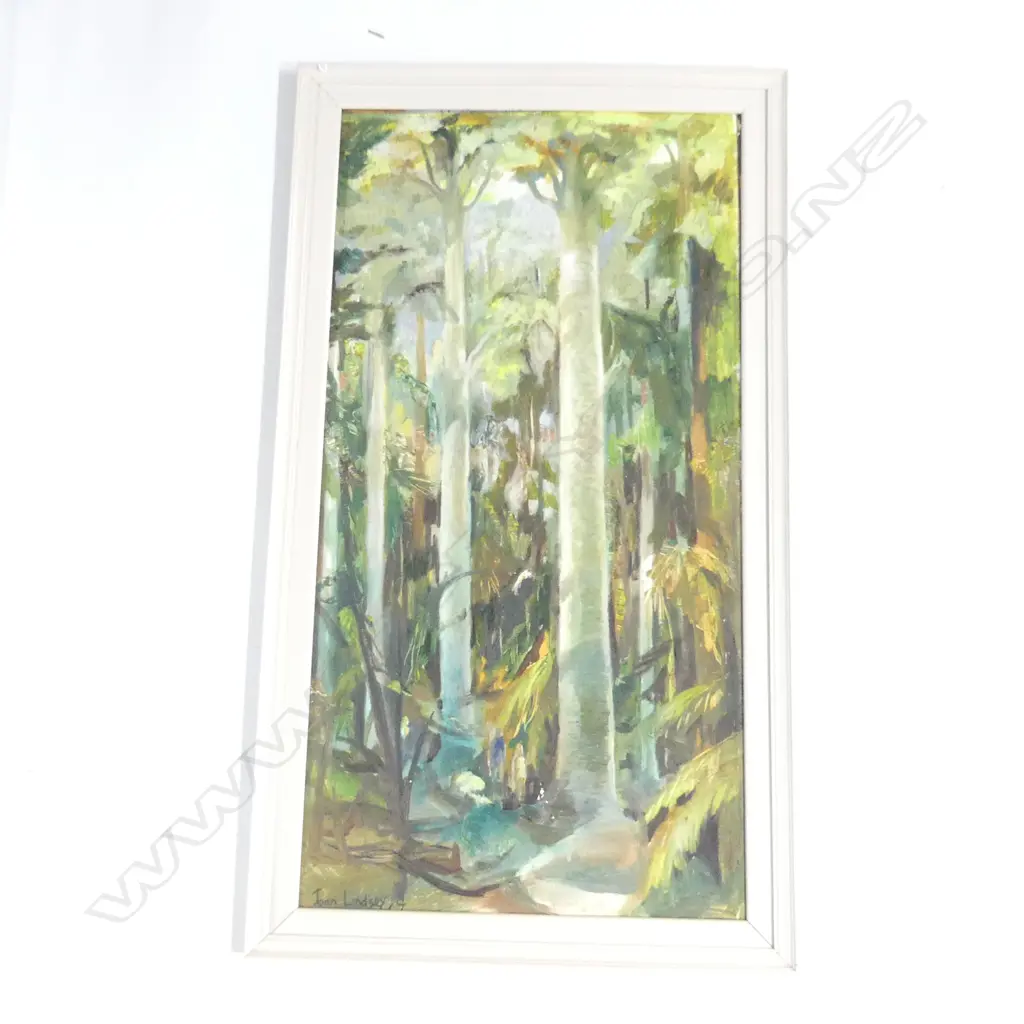 JOAN LINDSEY 'TALL KAURIS WAIPUA FOREST' OIL SIGNED & DATED '67 830x430mm Image 1++
