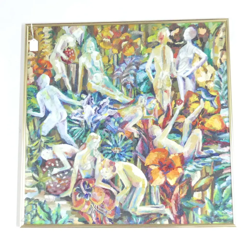 ARTIST UNKNOWN COLOURFUL ABSTRACT SCENE WITH FIGURES, OIL  575x580mm Image 1++