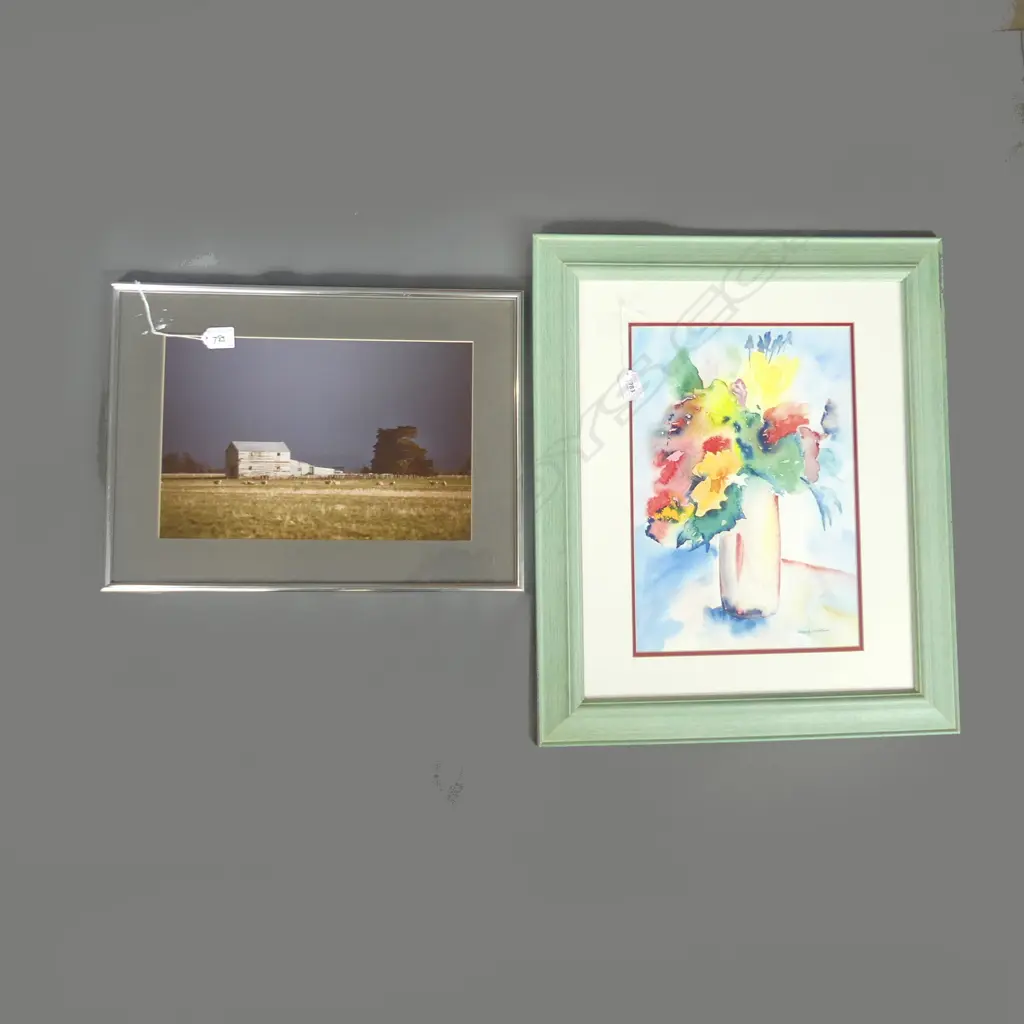 2 ARTWORKS; RURAL SOUTHLAND PHOTO 235x360 + WENDY MIDLAND 'FLORAL BOUQUET' ABSTRACT W/C 385x265mm Image 1++